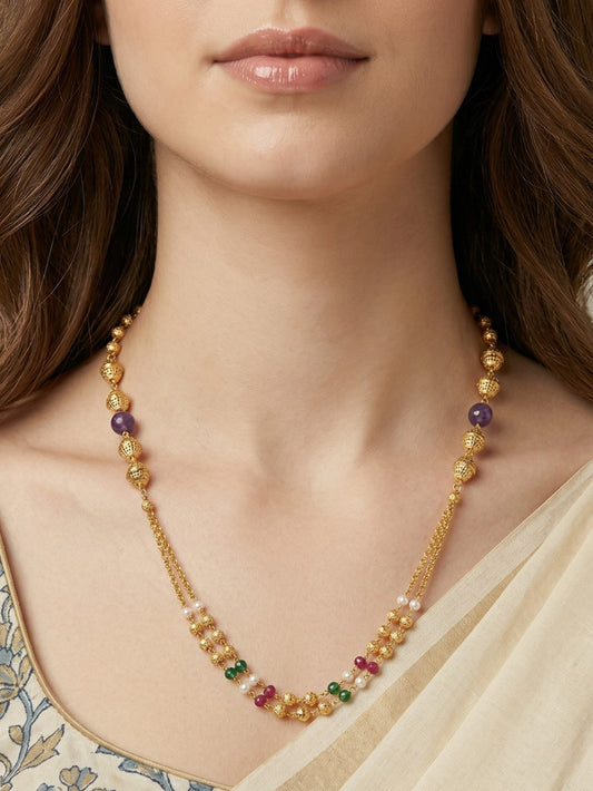 Meira Jewellery Traditional Gold Plated Dokiya Mala Necklace for Women Featuring Gold Beads and Elegant Green and Purple Pearl Accents, Perfect for Ethnic Festive and Wedding Jewellery