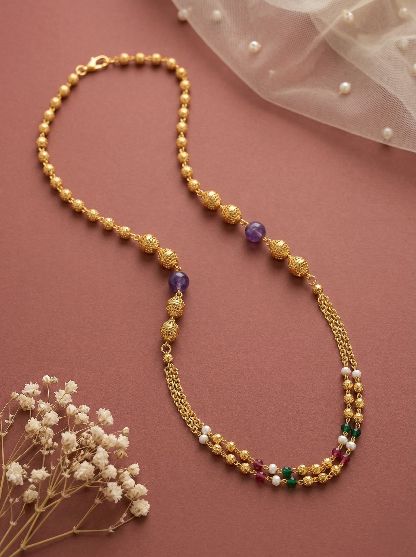 Meira Jewellery Traditional Gold Plated Dokiya Mala Necklace for Women Featuring Gold Beads and Elegant Green and Purple Pearl Accents, Perfect for Ethnic Festive and Wedding Jewellery