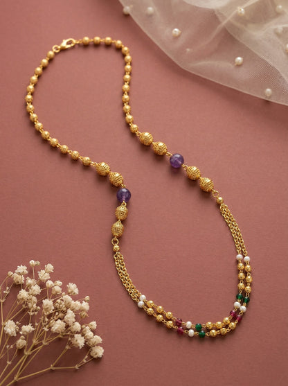 Meira Jewellery Traditional Gold Plated Dokiya Mala Necklace for Women Featuring Gold Beads and Elegant Green and Purple Pearl Accents, Perfect for Ethnic Festive and Wedding Jewellery