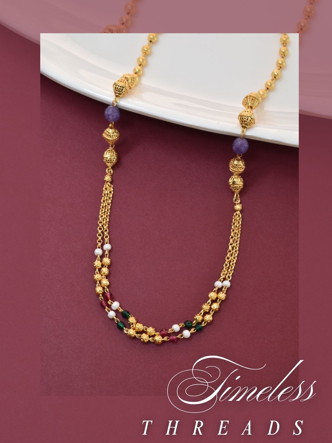 Meira Jewellery Traditional Gold Plated Dokiya Mala Necklace for Women Featuring Gold Beads and Elegant Green and Purple Pearl Accents, Perfect for Ethnic Festive and Wedding Jewellery