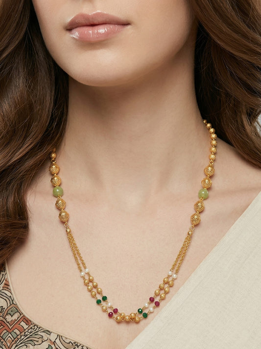 Meira Jewellery Traditional Gold Plated Dokiya Mala Necklace for Women Featuring Gold Beads and Elegant Green and Purple Pearl Accents, Perfect for Ethnic Festive and Wedding Jewellery