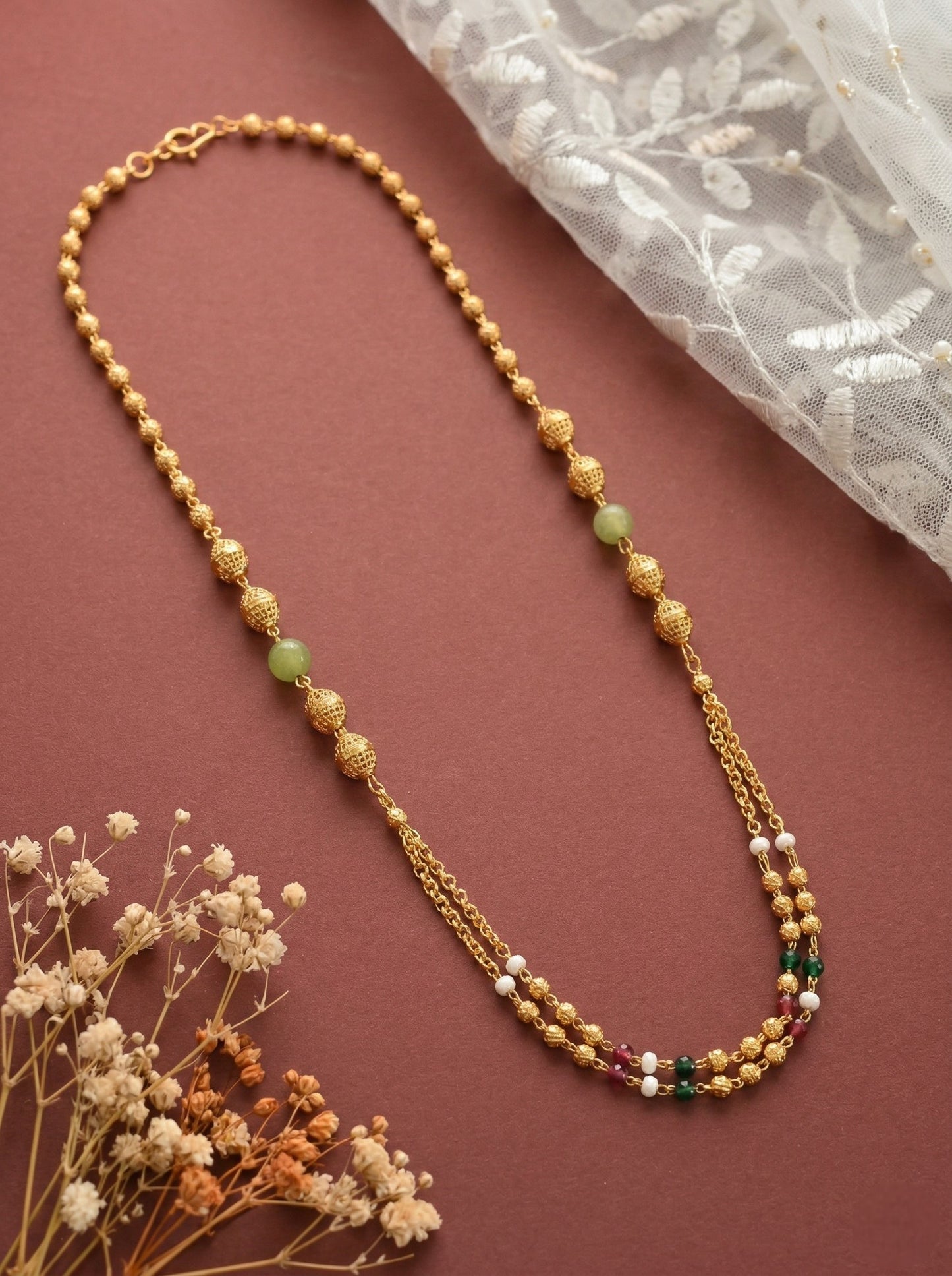 Meira Jewellery Traditional Gold Plated Dokiya Mala Necklace for Women Featuring Gold Beads and Elegant Green and Purple Pearl Accents, Perfect for Ethnic Festive and Wedding Jewellery