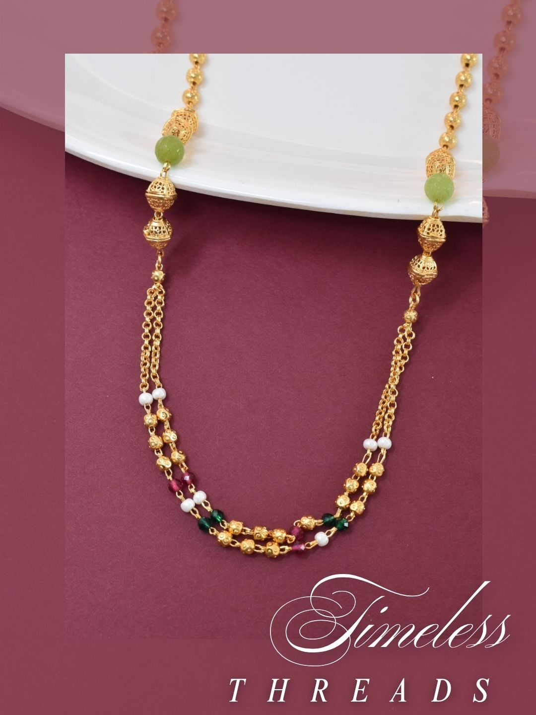 Meira Jewellery Traditional Gold Plated Dokiya Mala Necklace for Women Featuring Gold Beads and Elegant Green and Purple Pearl Accents, Perfect for Ethnic Festive and Wedding Jewellery