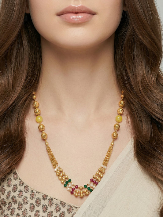 Meira Jewellery Traditional Gold Plated Dokiya Mala Necklace for Women Featuring Gold Beads and Elegant Green and Purple Pearl Accents, Perfect for Ethnic Festive and Wedding Jewellery