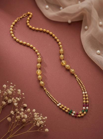 Meira Jewellery Traditional Gold Plated Dokiya Mala Necklace for Women Featuring Gold Beads and Elegant Green and Purple Pearl Accents, Perfect for Ethnic Festive and Wedding Jewellery