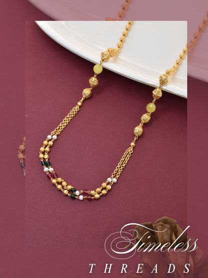 Meira Jewellery Traditional Gold Plated Dokiya Mala Necklace for Women Featuring Gold Beads and Elegant Green and Purple Pearl Accents, Perfect for Ethnic Festive and Wedding Jewellery