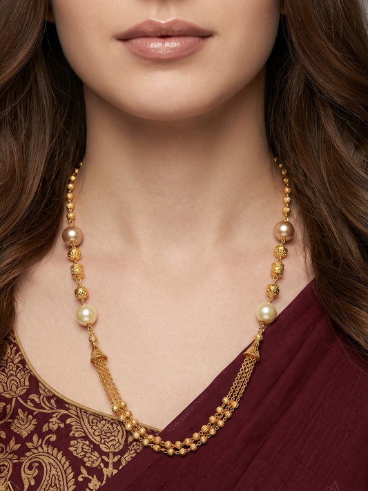 Meira Jewellery Traditional Gold Plated Dokiya Mala Necklace for Women Featuring Gold Beads and Elegant Green and Purple Pearl Accents, Perfect for Ethnic Festive and Wedding Jewellery