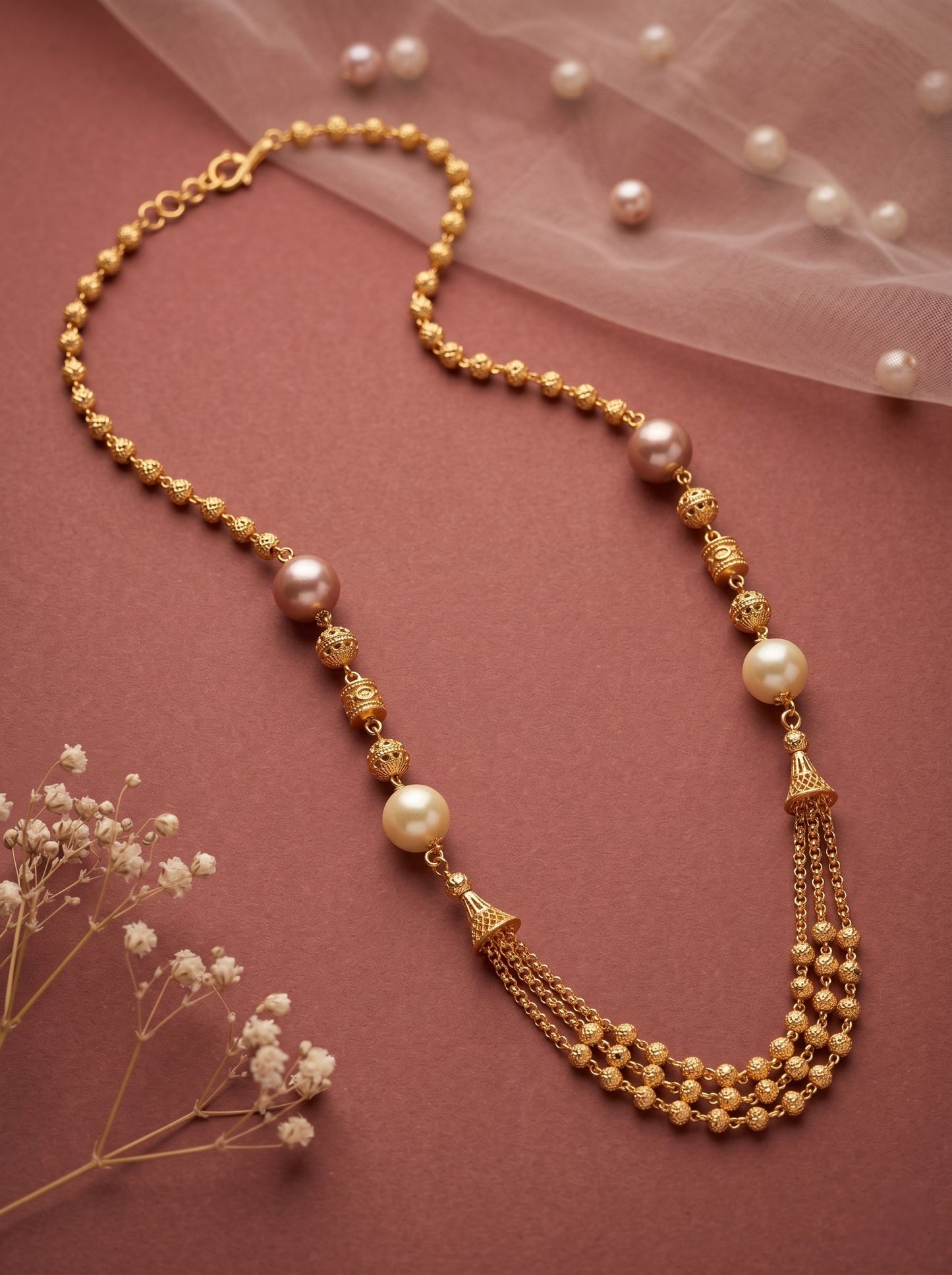 Meira Jewellery Traditional Gold Plated Dokiya Mala Necklace for Women Featuring Gold Beads and Elegant Green and Purple Pearl Accents, Perfect for Ethnic Festive and Wedding Jewellery