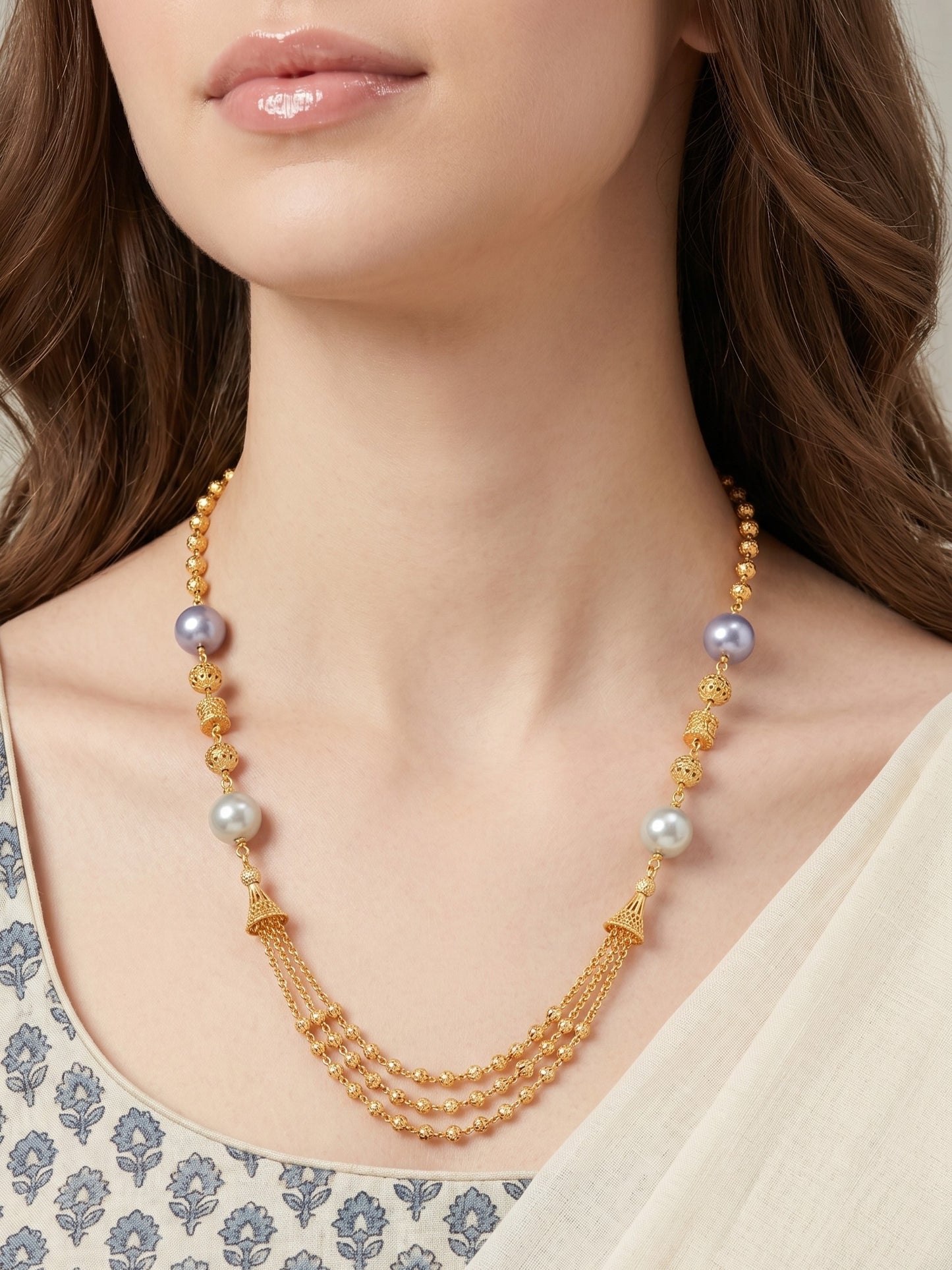 Meira Jewellery Traditional Gold Plated Dokiya Mala Necklace for Women Featuring Gold Beads and Elegant Green and Purple Pearl Accents, Perfect for Ethnic Festive and Wedding Jewellery
