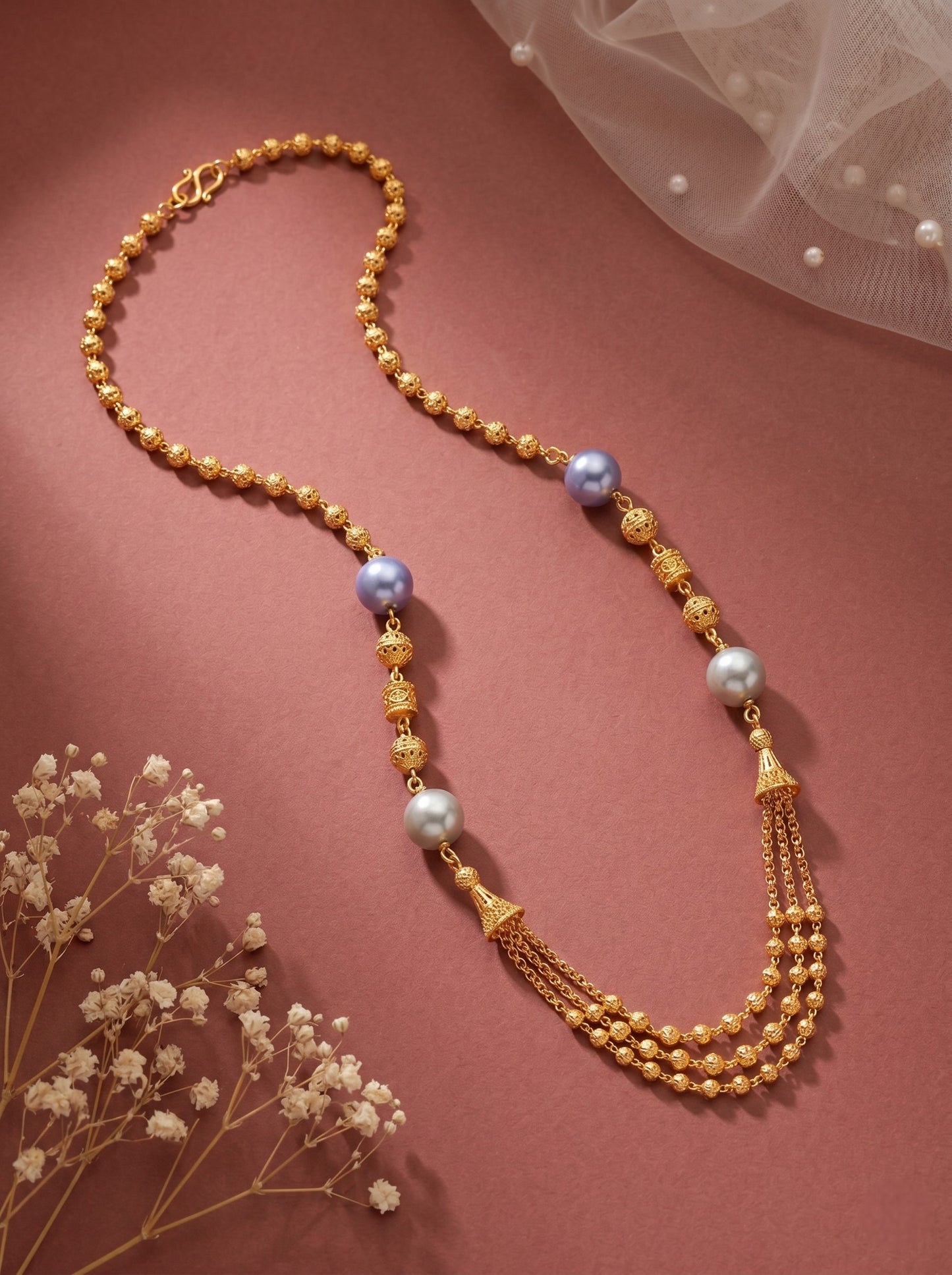 Meira Jewellery Traditional Gold Plated Dokiya Mala Necklace for Women Featuring Gold Beads and Elegant Green and Purple Pearl Accents, Perfect for Ethnic Festive and Wedding Jewellery