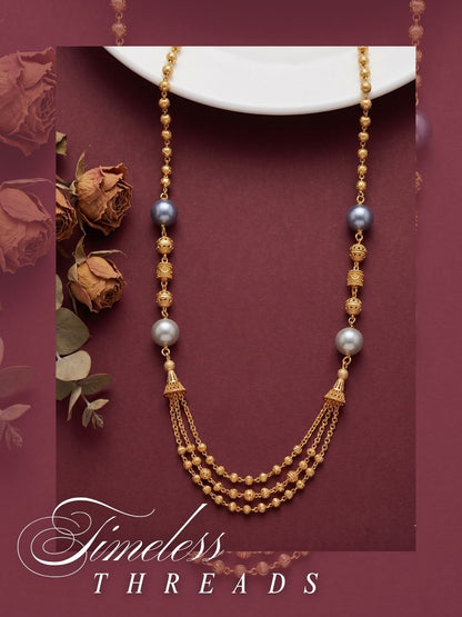 Meira Jewellery Traditional Gold Plated Dokiya Mala Necklace for Women Featuring Gold Beads and Elegant Green and Purple Pearl Accents, Perfect for Ethnic Festive and Wedding Jewellery