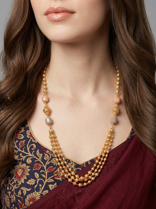 Meira Jewellery Traditional Gold Plated Dokiya Mala Necklace for Women Featuring Gold Beads and Elegant Green and Purple Pearl Accents, Perfect for Ethnic Festive and Wedding Jewellery