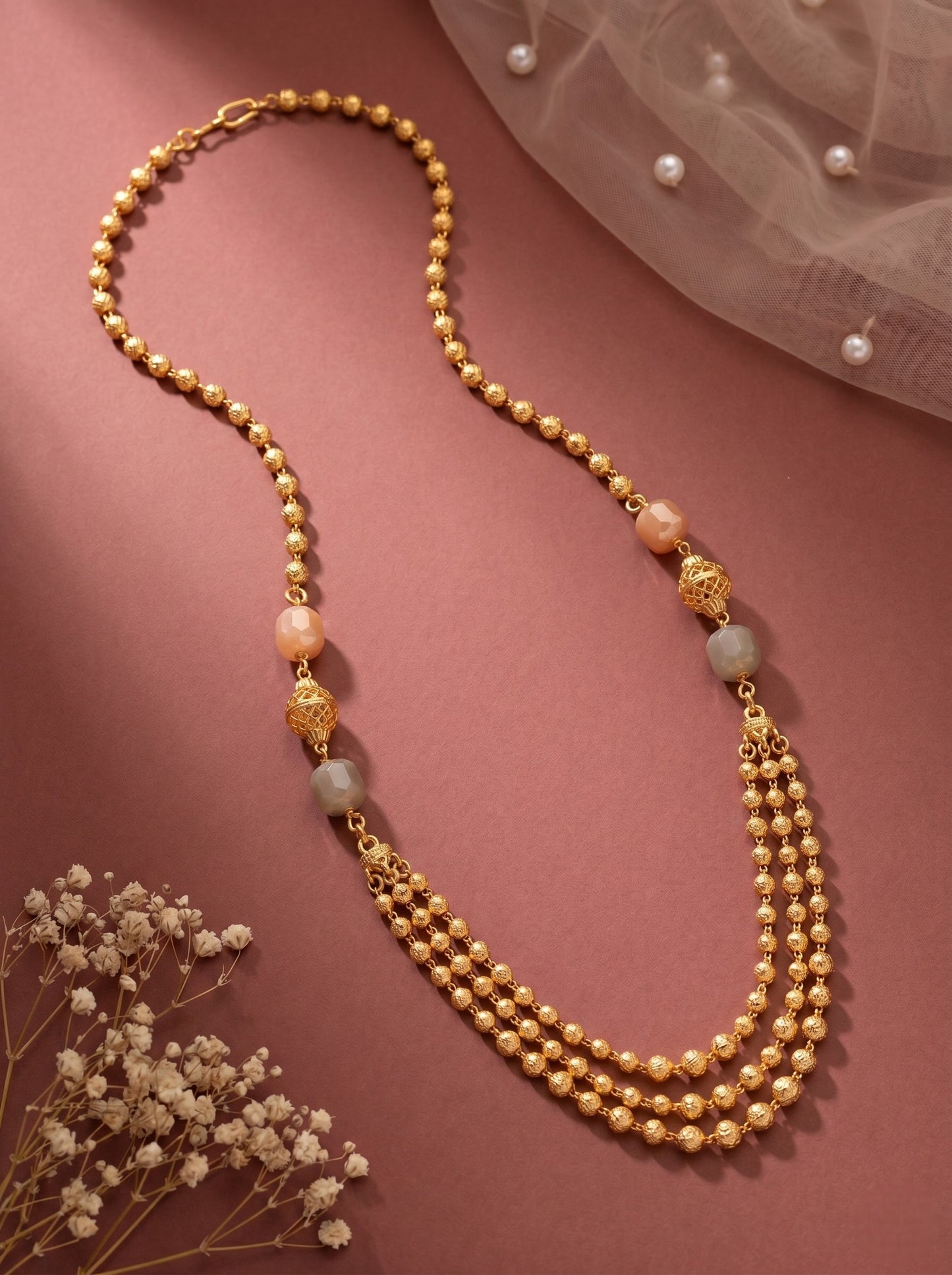 Meira Jewellery Traditional Gold Plated Dokiya Mala Necklace for Women Featuring Gold Beads and Elegant Green and Purple Pearl Accents, Perfect for Ethnic Festive and Wedding Jewellery