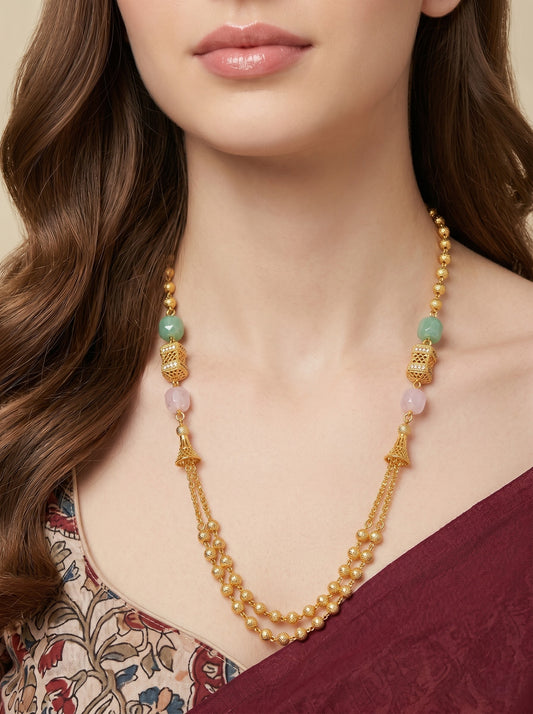 Meira Jewellery Traditional Gold Plated Dokiya Mala Necklace for Women Featuring Gold Beads and Elegant Green and Purple Pearl Accents, Perfect for Ethnic Festive and Wedding Jewellery