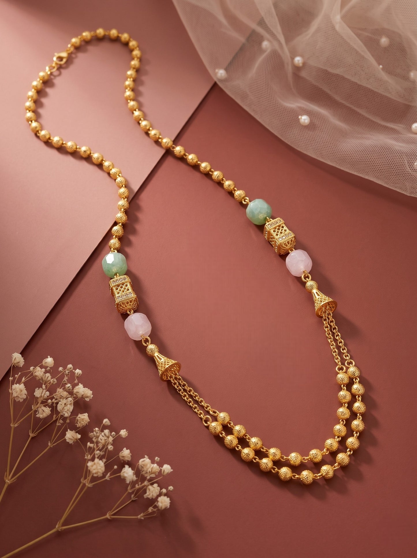 Meira Jewellery Traditional Gold Plated Dokiya Mala Necklace for Women Featuring Gold Beads and Elegant Green and Purple Pearl Accents, Perfect for Ethnic Festive and Wedding Jewellery