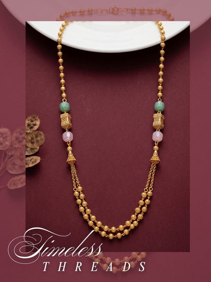 Meira Jewellery Traditional Gold Plated Dokiya Mala Necklace for Women Featuring Gold Beads and Elegant Green and Purple Pearl Accents, Perfect for Ethnic Festive and Wedding Jewellery