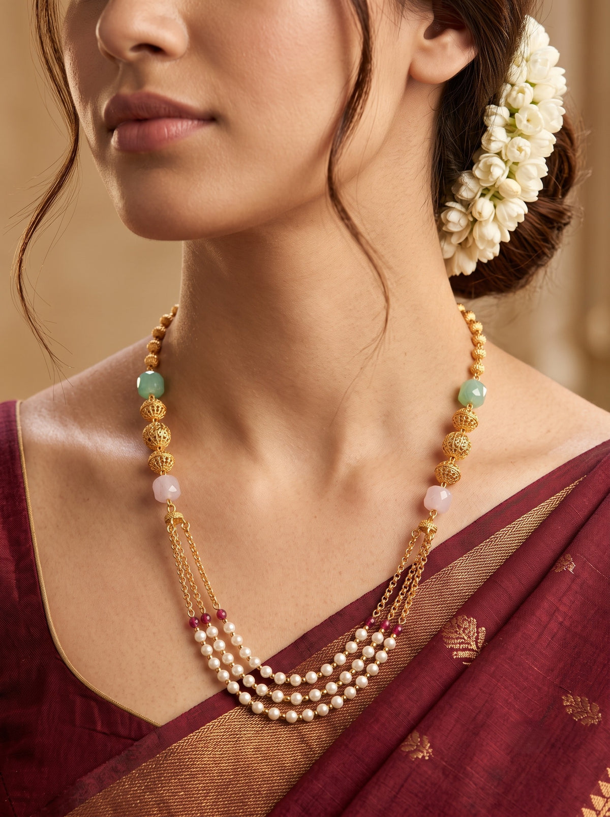 Ethnic Gold-Plated Beaded & Pearl Layered 18 Inch Dokiya Necklace for Women