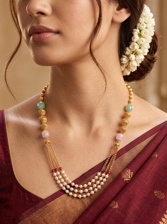 Ethnic Gold-Plated Beaded & Pearl Layered 18 Inch Dokiya Necklace for Women
