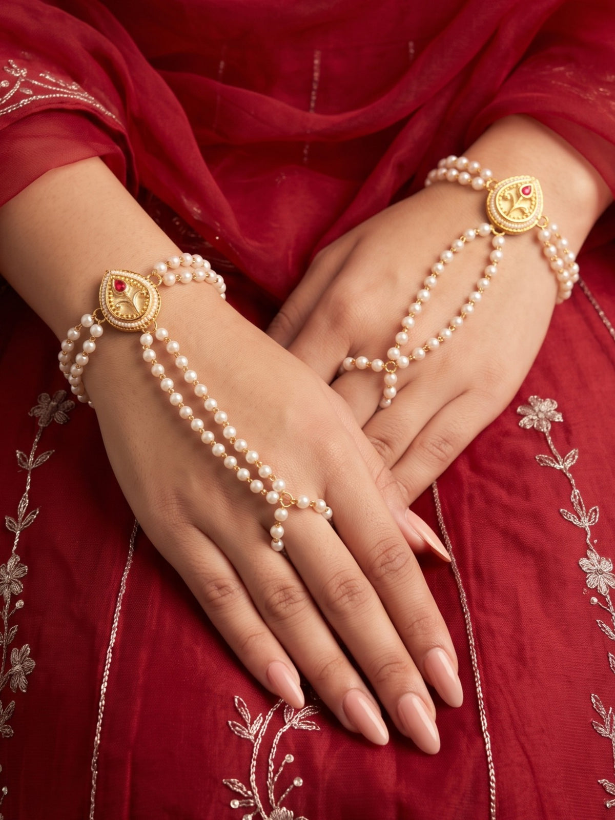 Minimal Pearl Gold Plated Pack of 2 Hathphool for Women and Girls