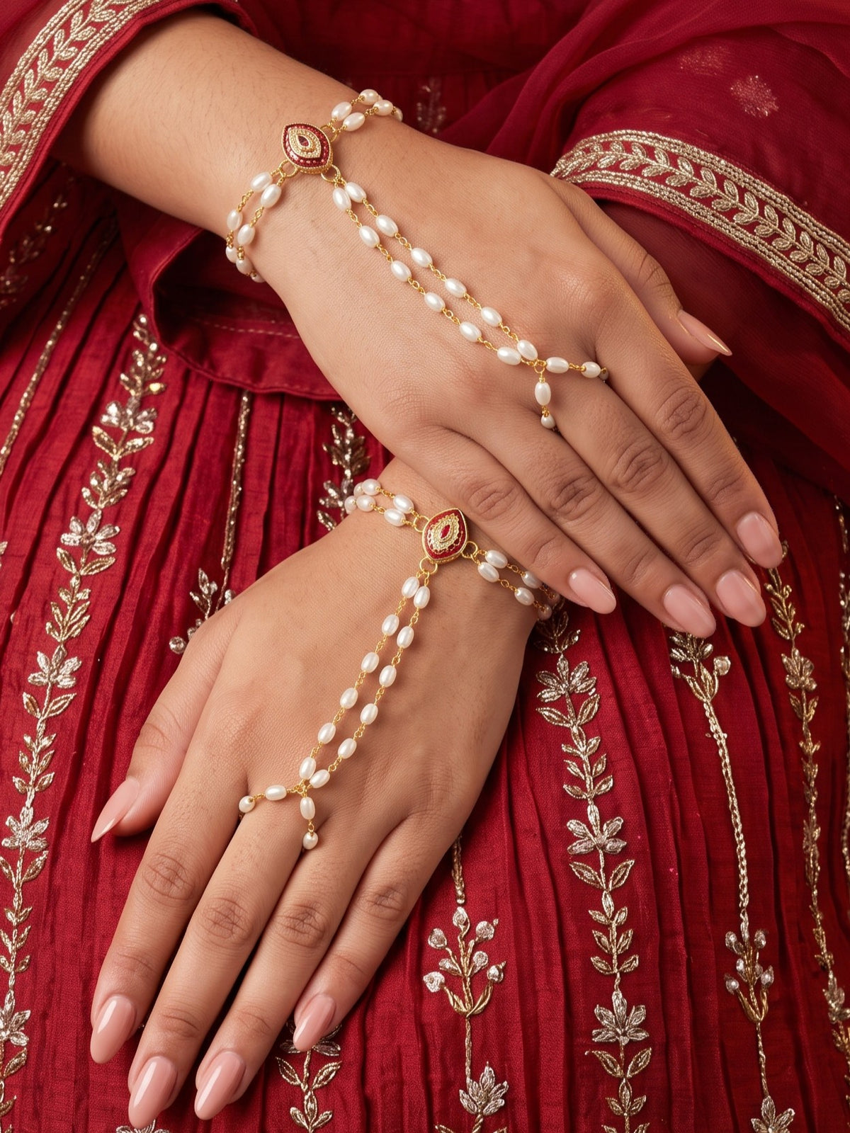 Minimal Pearl Gold Plated Pack of 2 Hathphool for Women and Girls