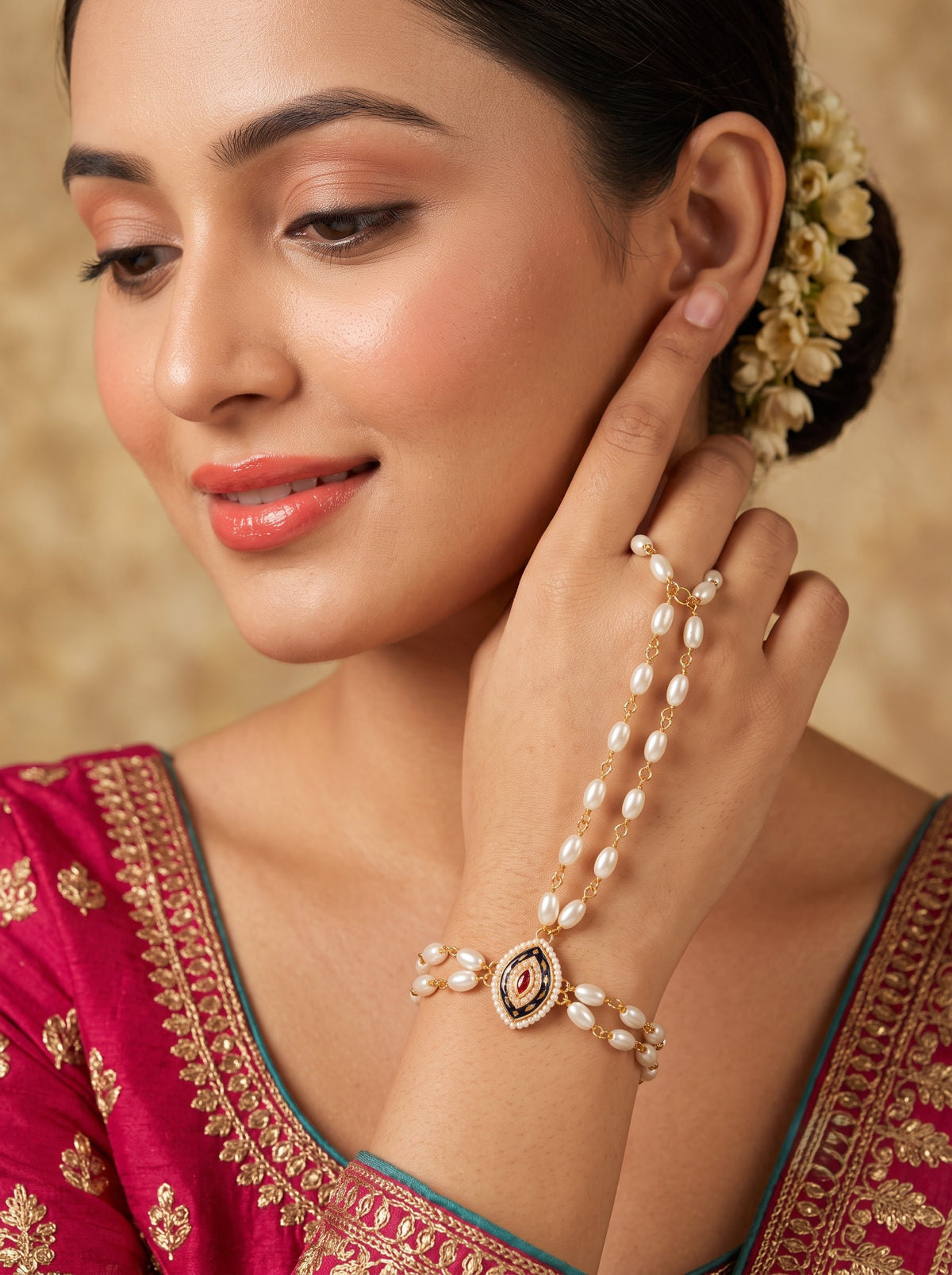 Minimal Pearl Gold Plated Pack of 1 Hathphool for Women and Girls