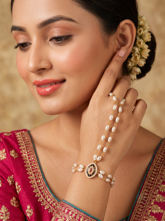 Minimal Pearl Gold Plated Pack of 1 Hathphool for Women and Girls