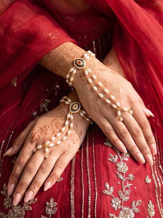 Minimal Pearl Gold Plated Pack of 2 Hathphool for Women and Girls