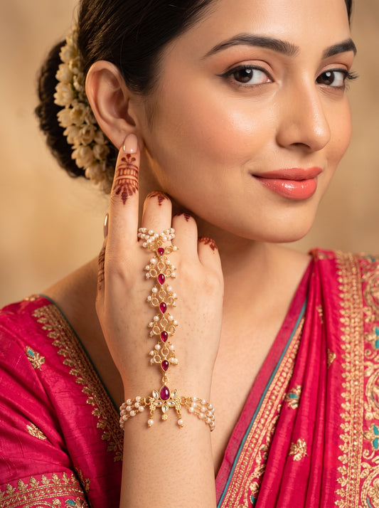 Minimal Pearl Gold Plated Pack of 1 Hathphool for Women and Girls