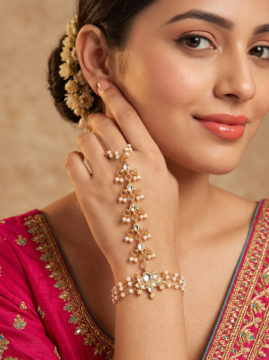Minimal Pearl Gold Plated Pack of 1 Hathphool for Women and Girls