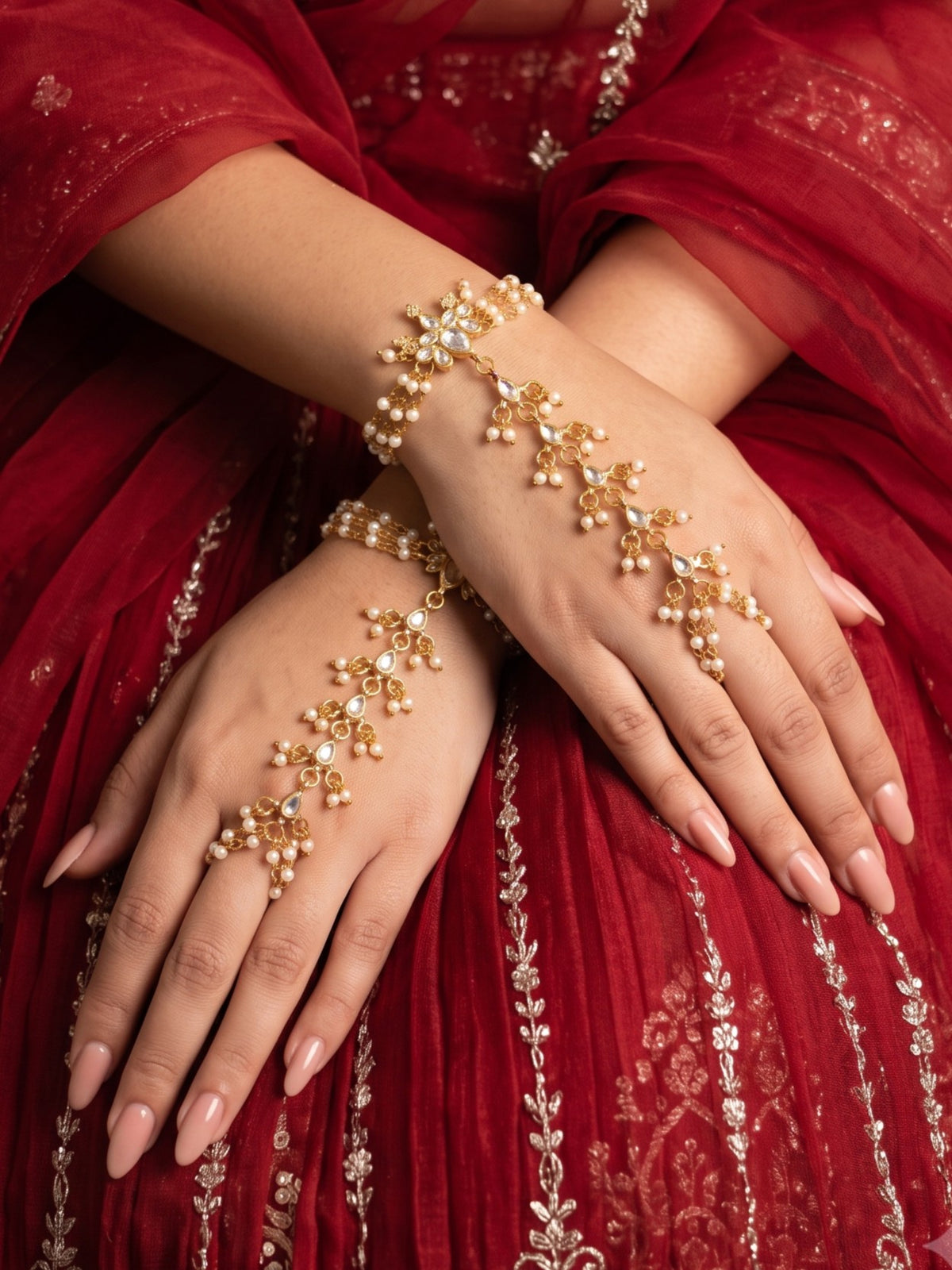 Minimal Pearl Gold Plated Pack of 2 Hathphool for Women and Girls