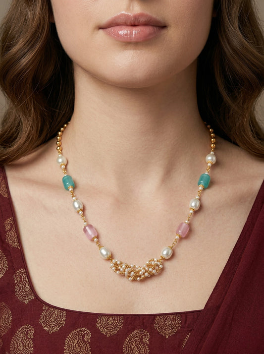 Meira Jewellery Traditional Gold Plated Dokiya Mala Necklace for Women Featuring Gold Beads and Elegant Green and Purple Pearl Accents, Perfect for Ethnic Festive and Wedding Jewellery