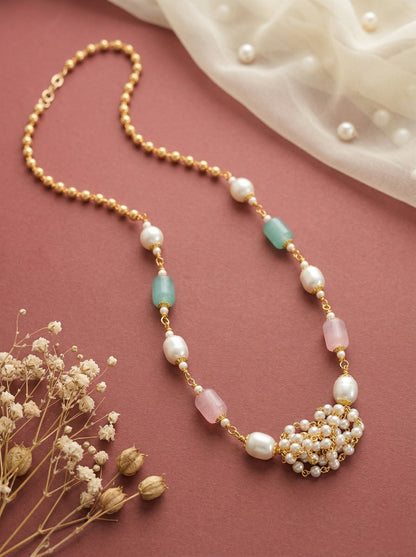 Meira Jewellery Traditional Gold Plated Dokiya Mala Necklace for Women Featuring Gold Beads and Elegant Green and Purple Pearl Accents, Perfect for Ethnic Festive and Wedding Jewellery