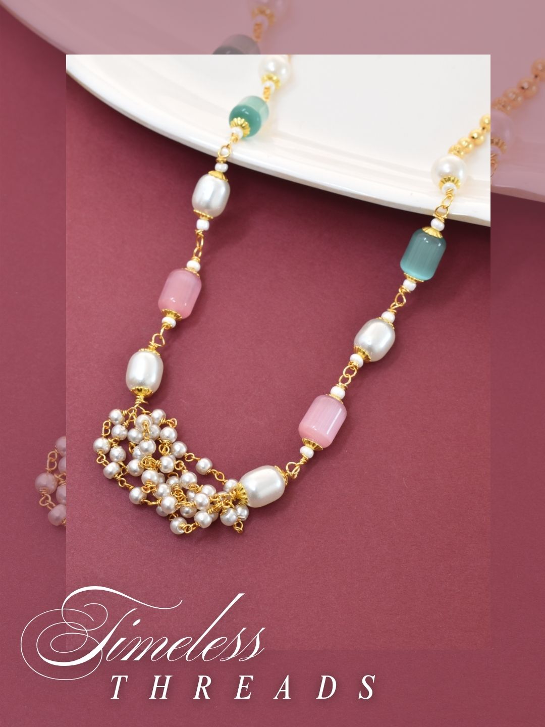 Meira Jewellery Traditional Gold Plated Dokiya Mala Necklace for Women Featuring Gold Beads and Elegant Green and Purple Pearl Accents, Perfect for Ethnic Festive and Wedding Jewellery