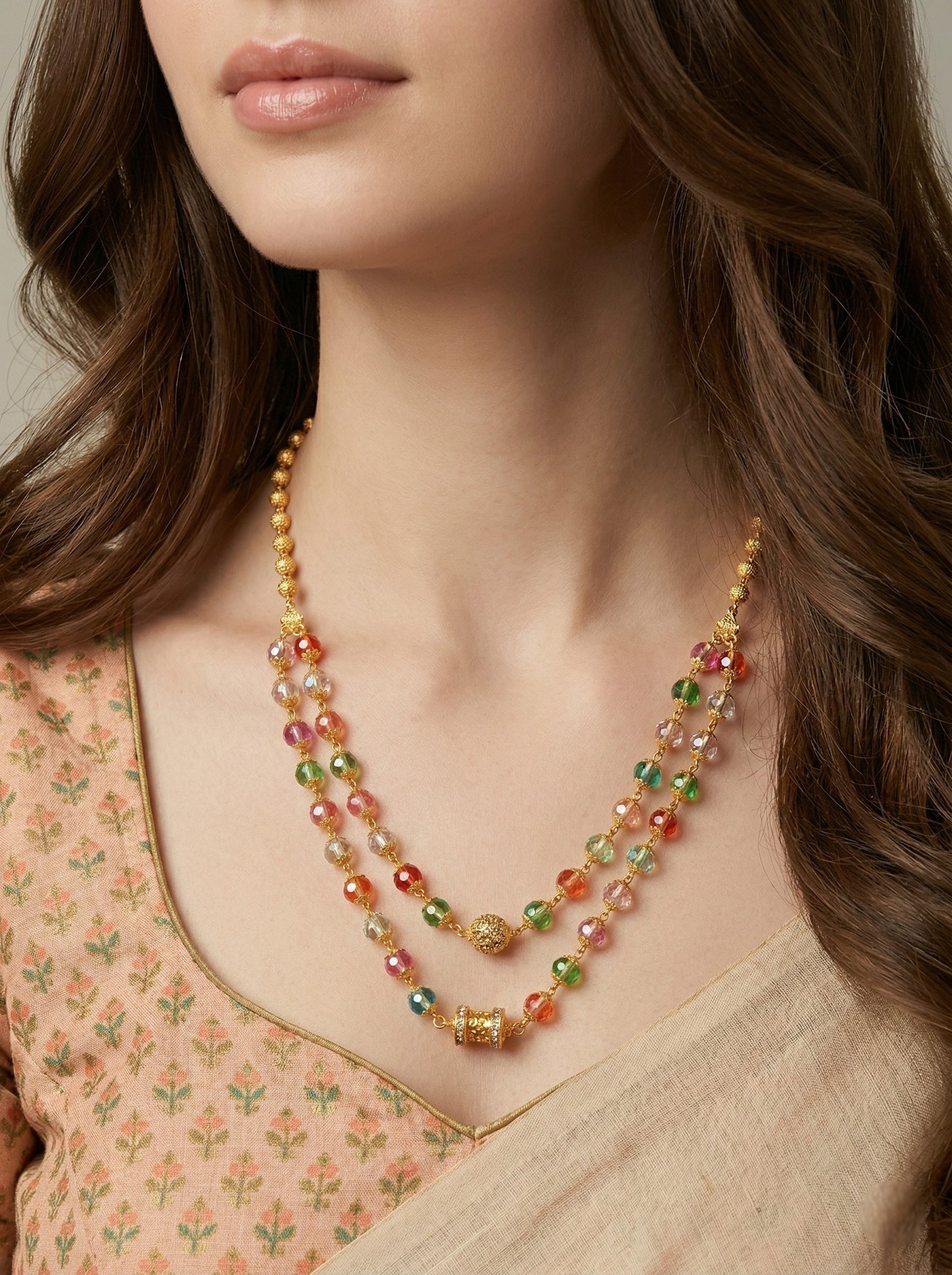 Meira Jewellery Traditional Gold Plated Dokiya Mala Necklace for Women Featuring Gold Beads and Elegant Green and Purple Pearl Accents, Perfect for Ethnic Festive and Wedding Jewellery