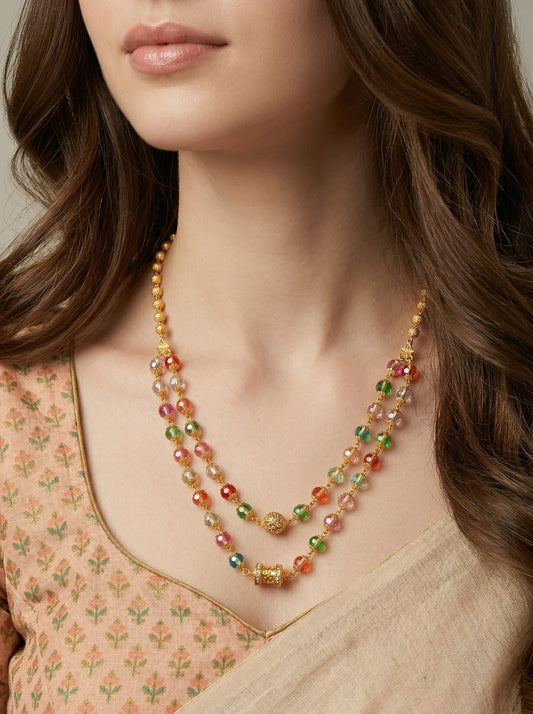 Meira Jewellery Traditional Gold Plated Dokiya Mala Necklace for Women Featuring Gold Beads and Elegant Green and Purple Pearl Accents, Perfect for Ethnic Festive and Wedding Jewellery