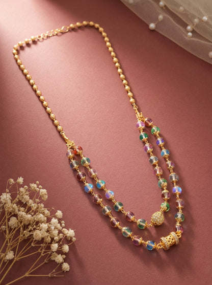 Meira Jewellery Traditional Gold Plated Dokiya Mala Necklace for Women Featuring Gold Beads and Elegant Green and Purple Pearl Accents, Perfect for Ethnic Festive and Wedding Jewellery