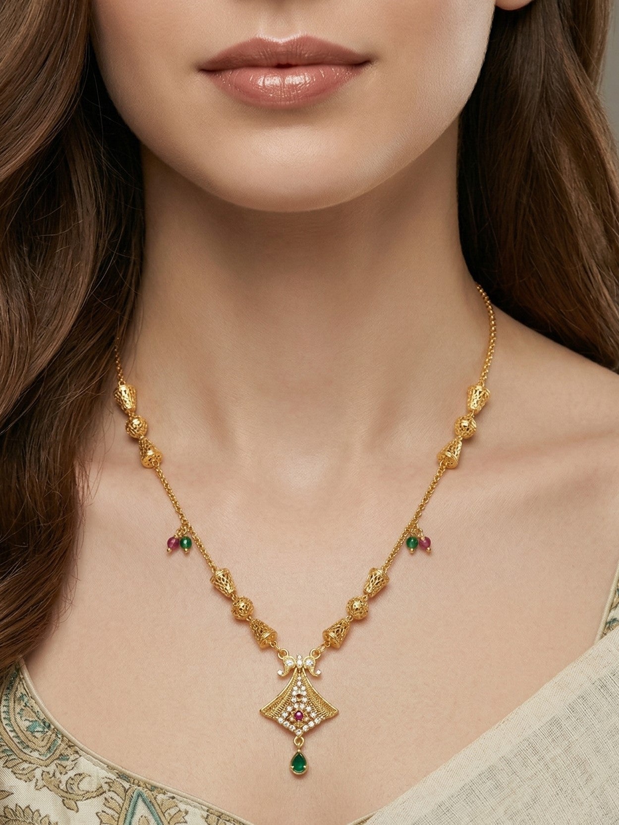 Meira Jewellery Traditional Gold Plated Dokiya Mala Necklace for Women Featuring Gold Beads and Elegant Green and Purple Pearl Accents, Perfect for Ethnic Festive and Wedding Jewellery