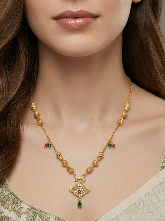 Meira Jewellery Traditional Gold Plated Dokiya Mala Necklace for Women Featuring Gold Beads and Elegant Green and Purple Pearl Accents, Perfect for Ethnic Festive and Wedding Jewellery