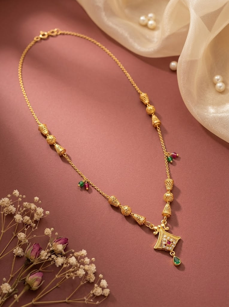 Meira Jewellery Traditional Gold Plated Dokiya Mala Necklace for Women Featuring Gold Beads and Elegant Green and Purple Pearl Accents, Perfect for Ethnic Festive and Wedding Jewellery