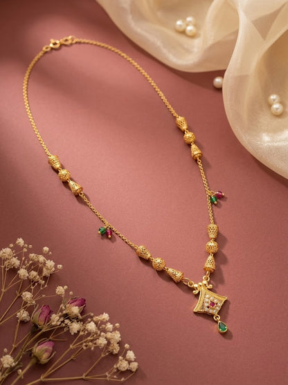 Meira Jewellery Traditional Gold Plated Dokiya Mala Necklace for Women Featuring Gold Beads and Elegant Green and Purple Pearl Accents, Perfect for Ethnic Festive and Wedding Jewellery