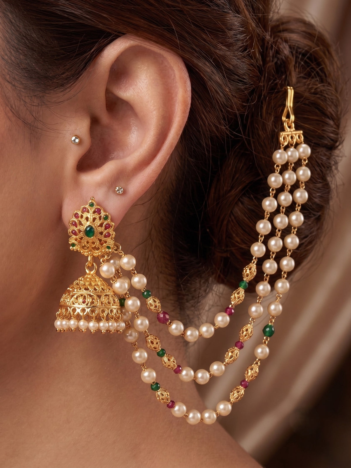 Multi Layered Red and White Pearl Ear Chain