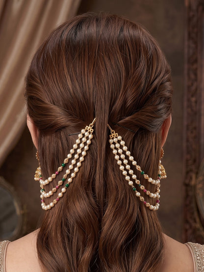Multi Layered Red and White Pearl Ear Chain