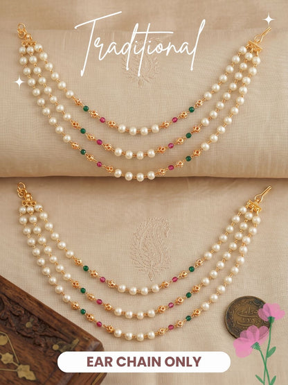 Multi Layered Red and White Pearl Ear Chain