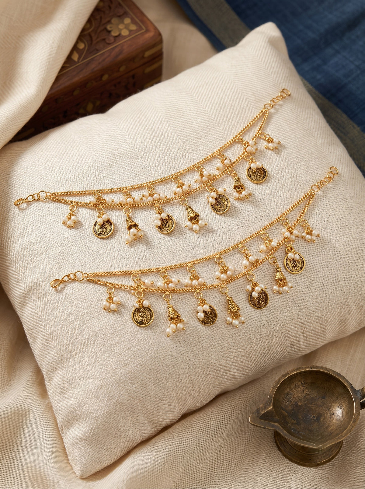 Pearl Coin Studded 2 Layer Ear Chain for Women and Girls