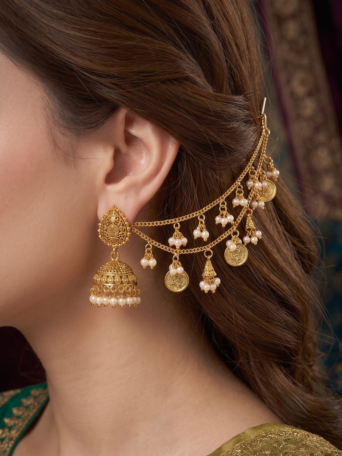 Pearl Coin Studded 2 Layer Ear Chain for Women and Girls