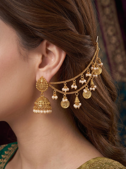Pearl Coin Studded 2 Layer Ear Chain for Women and Girls