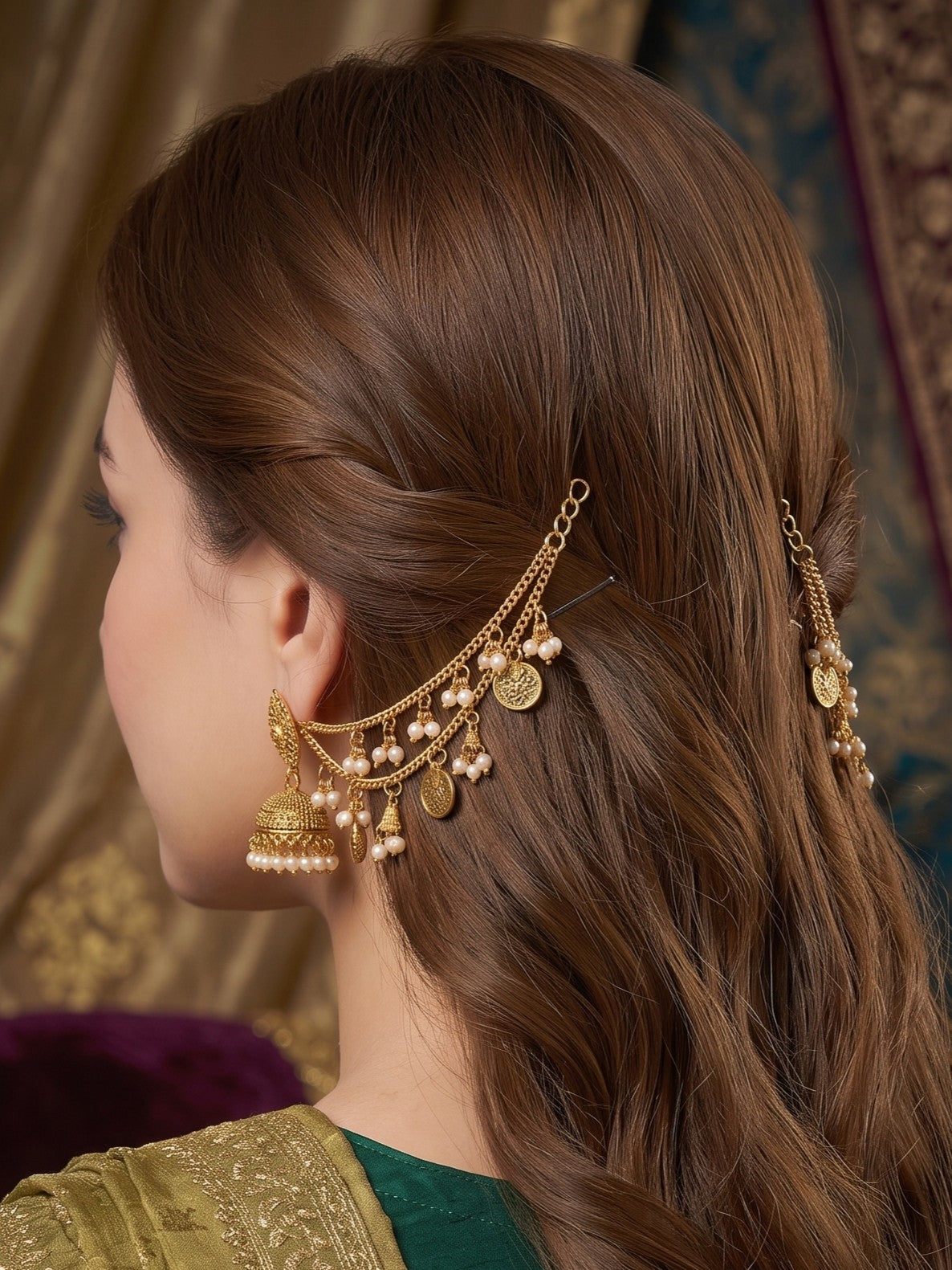 Pearl Coin Studded 2 Layer Ear Chain for Women and Girls