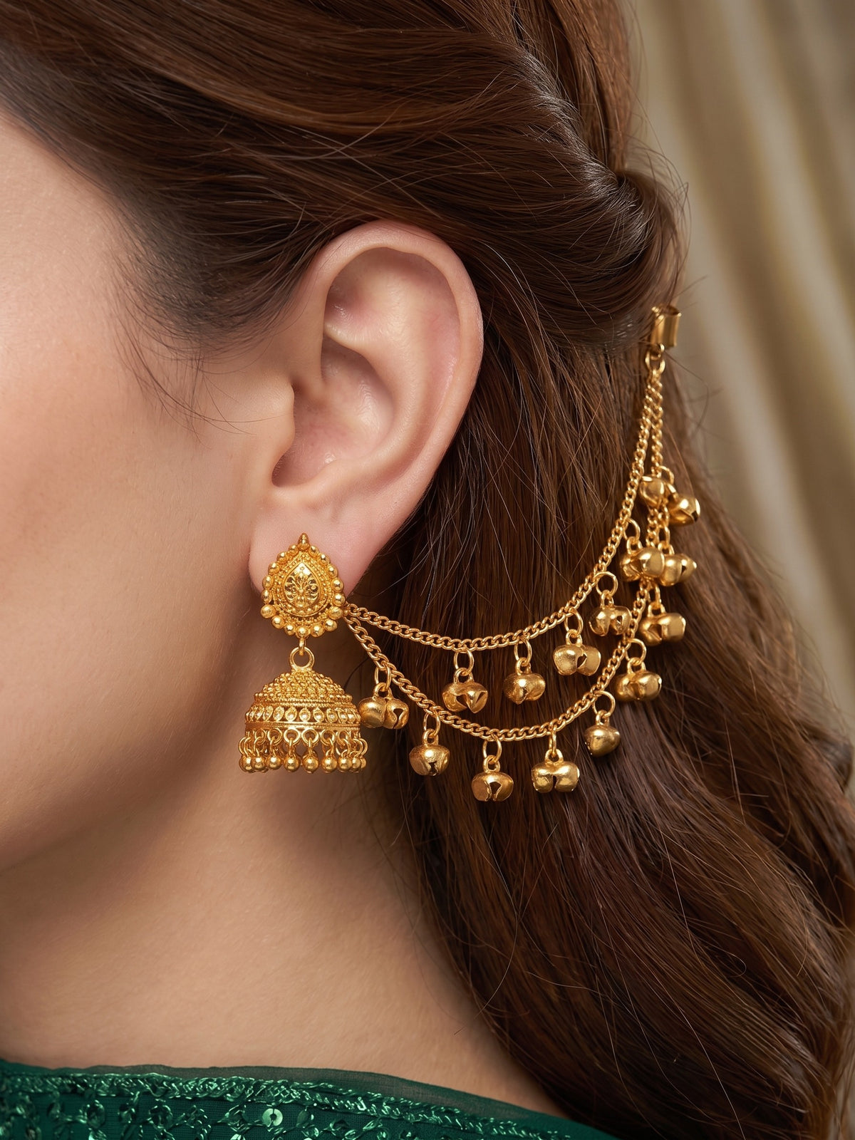 Gold Plated Ghungroo 2 Layer Ear Chain for Women and Girls