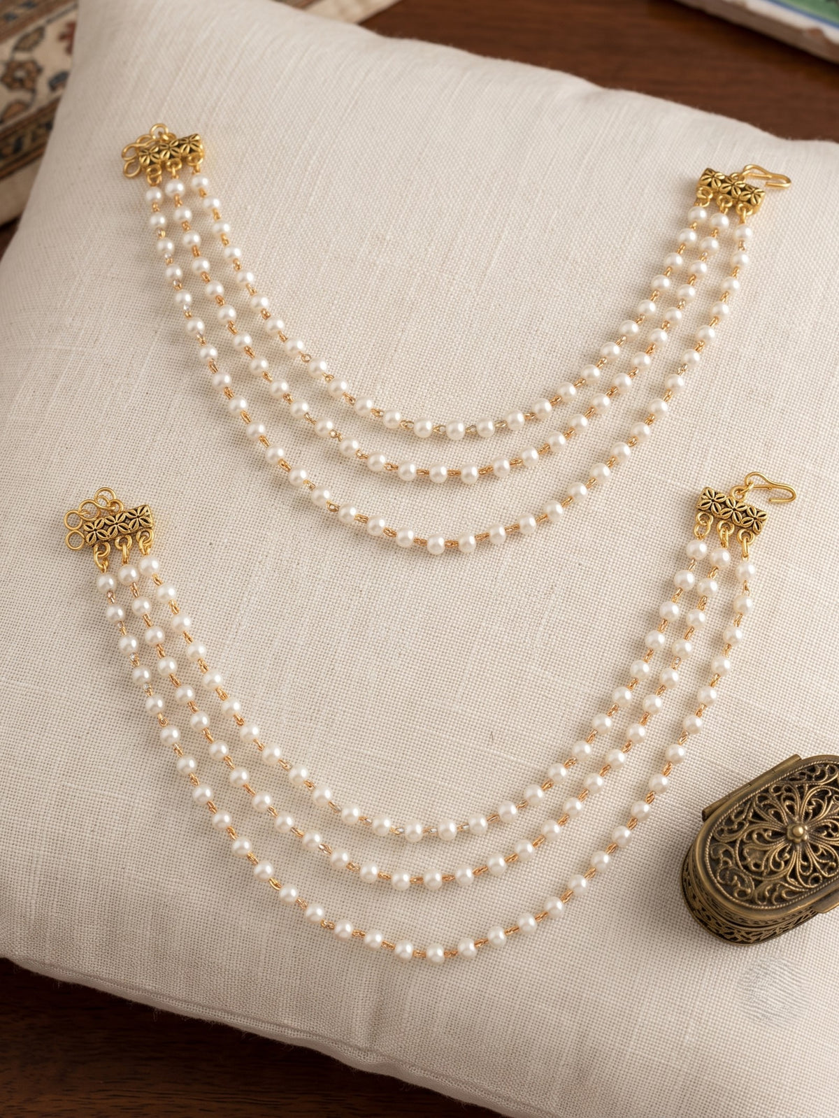 Gold Plated 3 Layered White Pearl Ear Chain