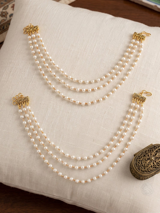 Gold Plated 3 Layered White Pearl Ear Chain
